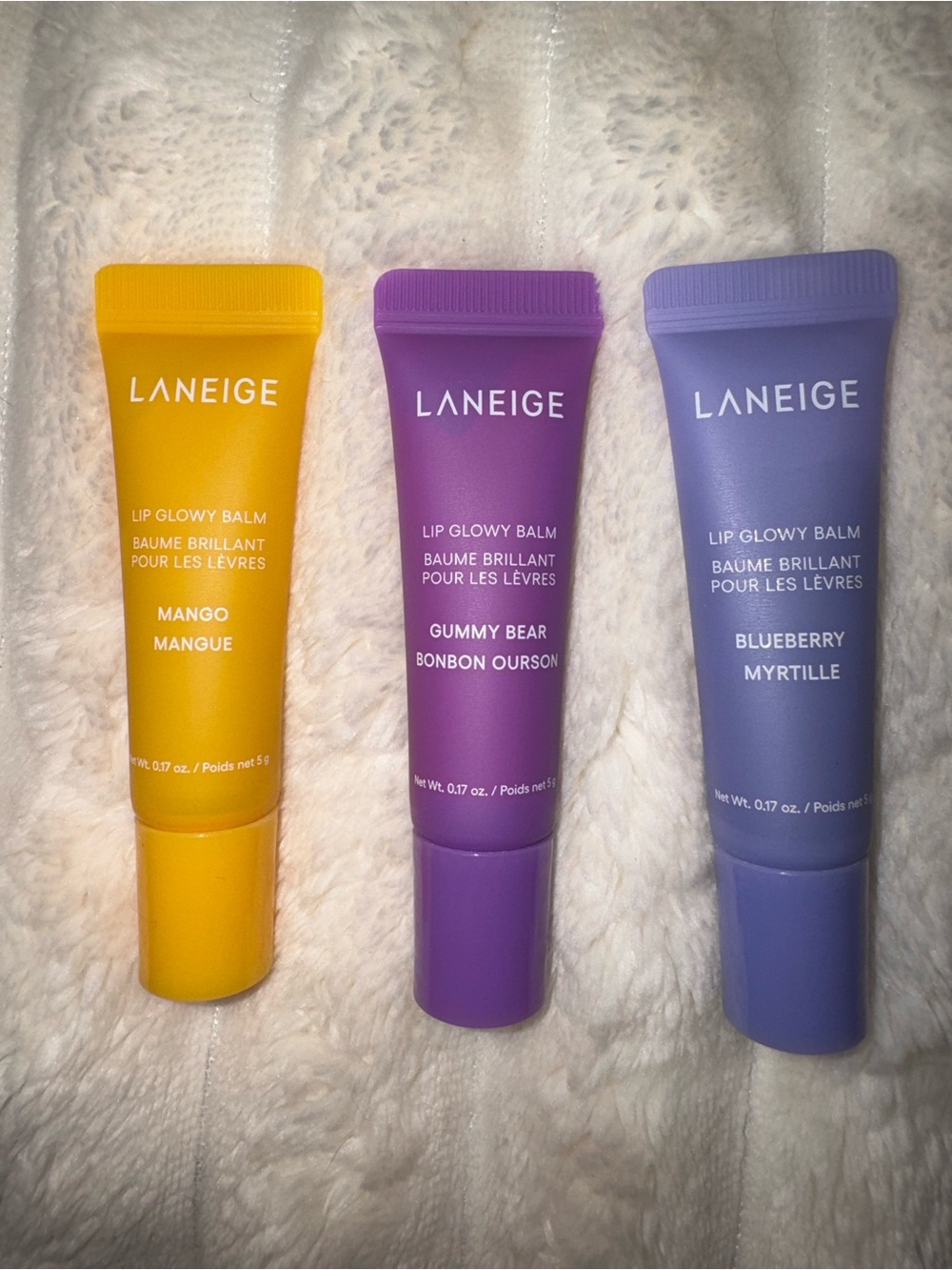 LANEIGE Lip Glowy Balm Minis Set of 3 Mango, Gummy Bear, Blueberry NWT